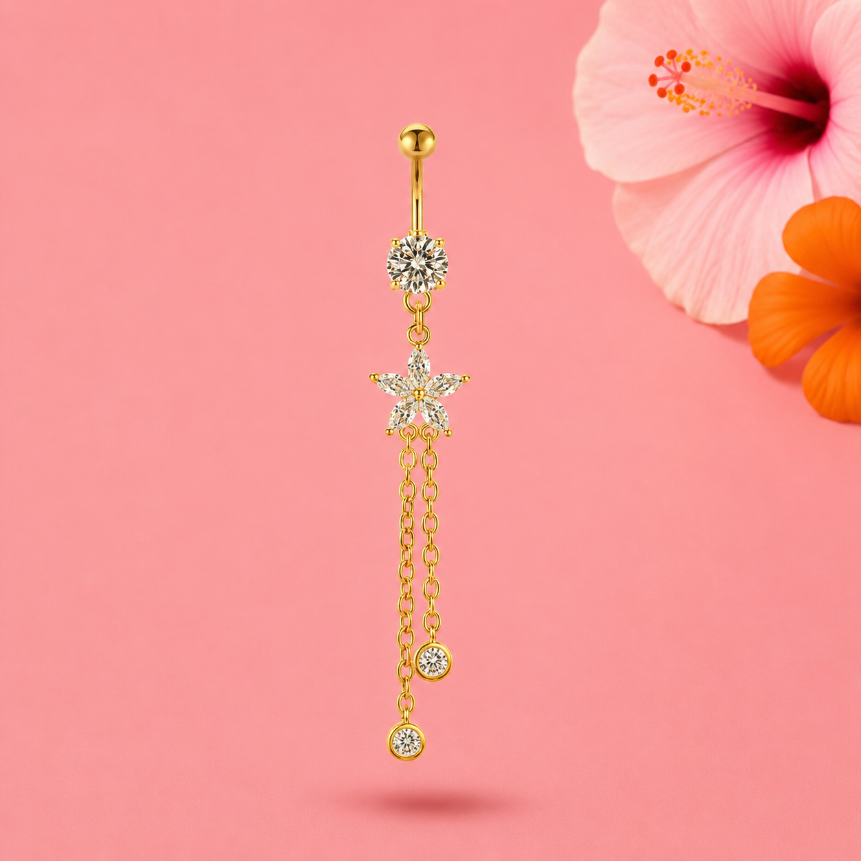 Piercing Long Pendant Fleur de Tiaré Doré